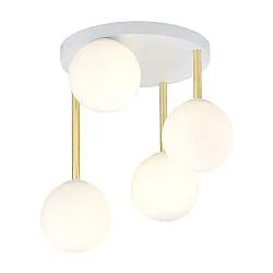 Plafoniera Contemporanea 4 Luci Teseo In Acciaio Bianco Oro E Sfere Vetro Bianco