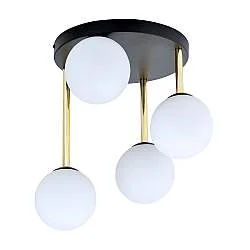 Plafoniera Contemporanea 4 Luci Teseo In Acciaio Nero Oro E Sfere Vetro Bianco