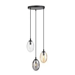 Sospensione Minimal 3 Luci Lancelot Acciaio Nero Vetro Ambra, Fumè Trasparente