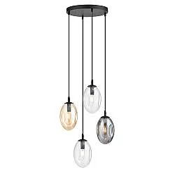 Sospensione Minimal 4 Luci Lancelot Acciaio Nero Vetro Ambra, Fumè Trasparente