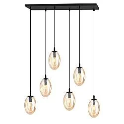 Sospensione Minimal 6 Luci Lancelot Acciaio Nero E Vetro Ambra