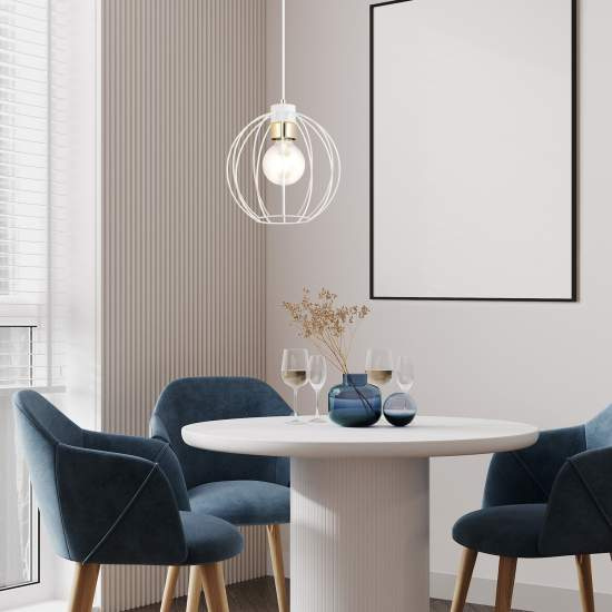 Sospensione Industriale 1 Luce Polluce In Acciao Bianco A Gabbia Con Oro LA0098-EB-1-BI-OR