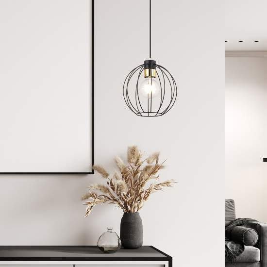 Sospensione Industriale 1 Luce Polluce In Acciao Nero A Gabbia Con Oro LA0098-EB-1-NR-OR