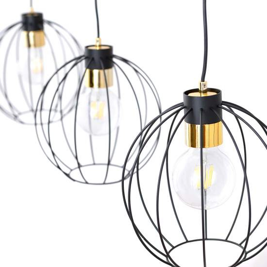 Sospensione Industrial 3 Luci Polluce In Acciaio Nero A Paralumi Gabbia Con Oro LA0098-EB-3-NR-OR