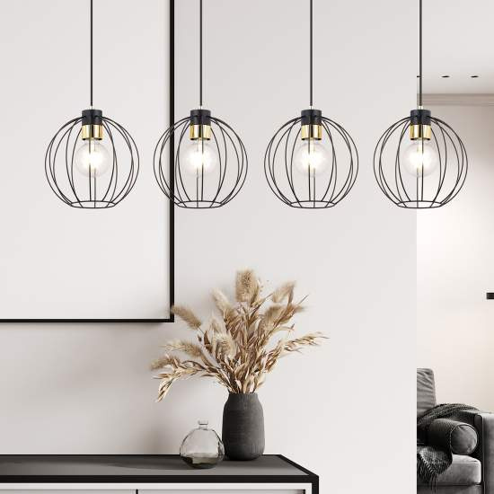 Sospensione Industrial 4 Luci Polluce In Acciaio Nero A Paralumi Gabbia Con Oro LA0098-EB-4-NR-OR