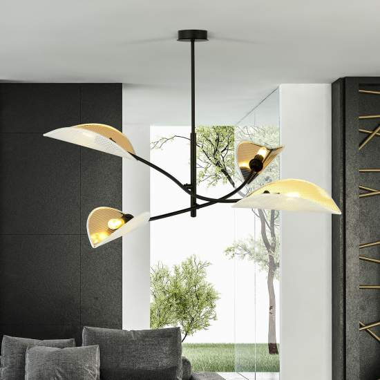 Sospensione Nordica 4 Luci Ares In Acciaio Nero Bianco E Oro Bracci Regolabili LA0102-EB-PL4-NR