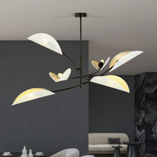 Sospensione Nordica 6 Luci Ares In Acciaio Nero Bianco E Oro Bracci Regolabili LA0102-EB-PL6-NR
