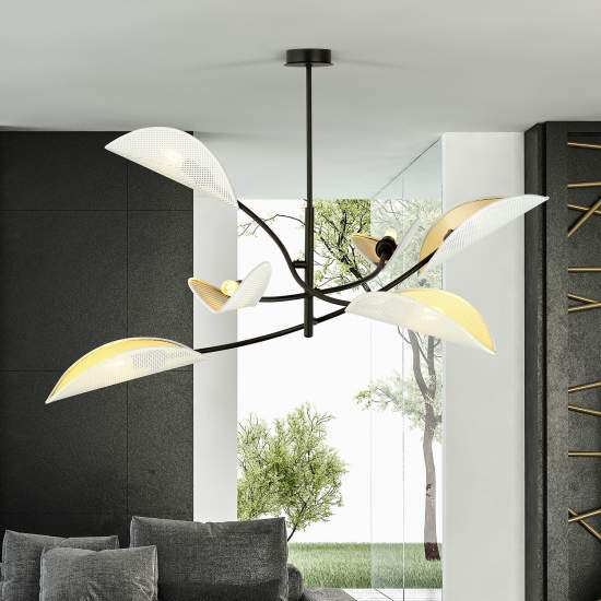 Sospensione Nordica 6 Luci Ares In Acciaio Nero Bianco E Oro Bracci Regolabili LA0102-EB-PL6-NR