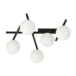 Plafoniera Moderna 5 Luci Teti In Acciaio Nero Bracci Regolabili E Vetro Opale