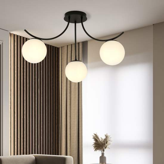 Plafoniera Moderna 3 Luci Coeo In Acciaio Nero E Diffusori In Vetro Opale LA0104-EB-PL3-NR-BI