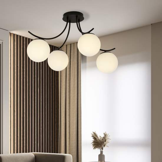 Plafoniera Moderna 4 Luci Coeo In Acciaio Nero E Diffusori In Vetro Opale LA0104-EB-PL4-NR-BI