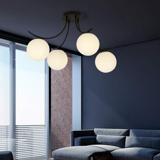 Plafoniera Moderna 4 Luci Coeo In Acciaio Nero E Diffusori In Vetro Opale LA0104-EB-PL4-NR-BI