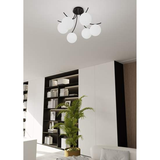 Plafoniera Moderna 6 Luci Coeo In Acciaio Nero E Diffusori In Vetro Opale LA0104-EB-PL6-NR-BI