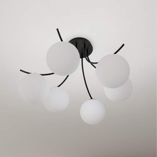 Plafoniera Moderna 6 Luci Coeo In Acciaio Nero E Diffusori In Vetro Opale LA0104-EB-PL6-NR-BI