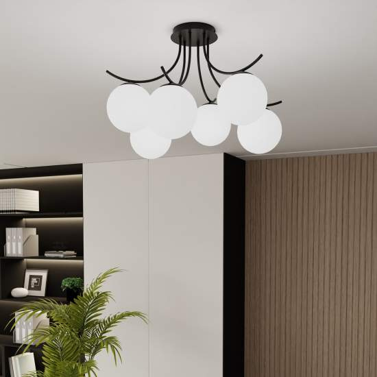 Plafoniera Moderna 6 Luci Coeo In Acciaio Nero E Diffusori In Vetro Opale LA0104-EB-PL6-NR-BI