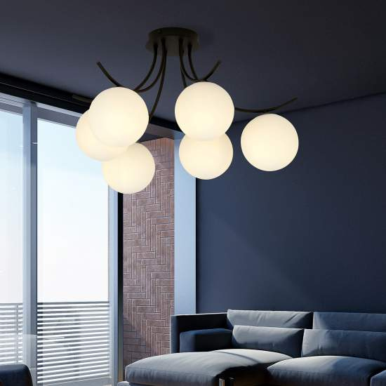 Plafoniera Moderna 6 Luci Coeo In Acciaio Nero E Diffusori In Vetro Opale LA0104-EB-PL6-NR-BI