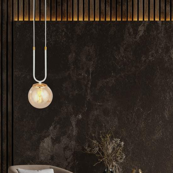 Sospensione Contemporanea 1 Luce Crio Acciaio Bianco Oro E Sfera Vetro Ambra LA0105-EB-1-BI-AM