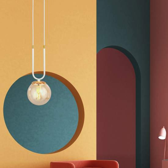 Sospensione Contemporanea 1 Luce Crio Acciaio Bianco Oro E Sfera Vetro Ambra LA0105-EB-1-BI-AM