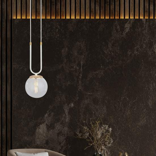 Sospensione 1 Luce Crio In Acciaio Bianco Oro E Sfera In Vetro Trasparente LA0105-EB-1-BI-TR
