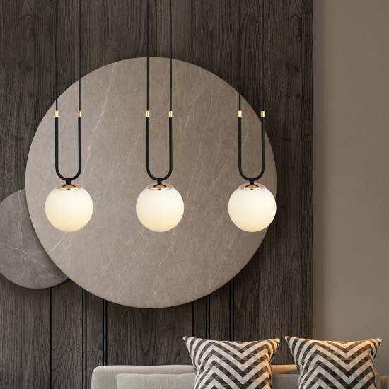 Sospensione Contemporanea 3 Luci Crio In Acciaio Nero Oro E Sfere Vetro Opalino LA0105-EB-3-NR-BI