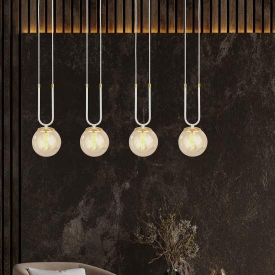 Sospensione Contemporanea 4 Luci Crio Acciaio Bianco Oro E Sfera Vetro Ambra LA0105-EB-4-BI-AM