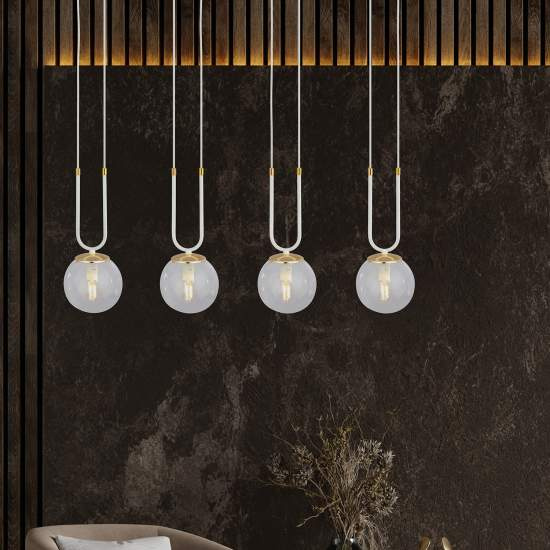 Sospensione 4 Luci Crio In Acciaio Bianco Oro E Sfera In Vetro Trasparente LA0105-EB-4-BI-TR