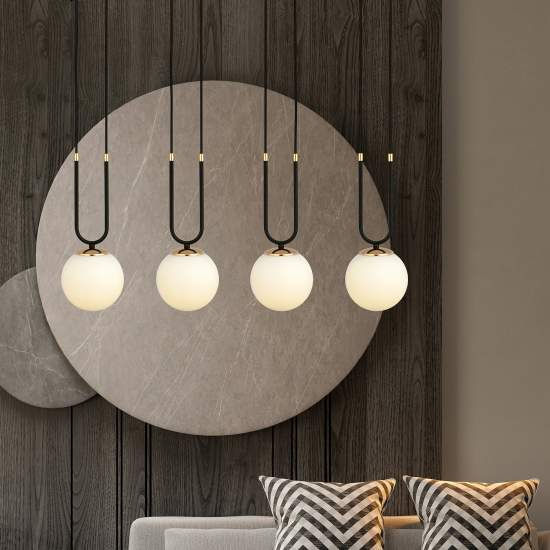 Sospensione Contemporanea 4 Luci Crio In Acciaio Nero Oro E Sfere Vetro Opalino LA0105-EB-4-NR-BI