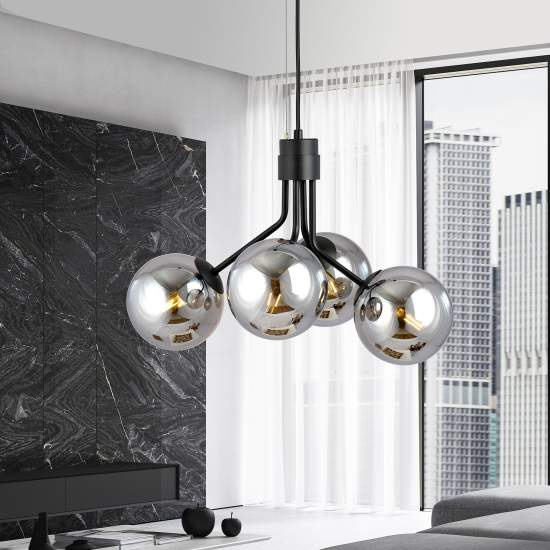 Sospensione Moderna 4 Luci Orione In Acciaio Nero E Sfere Vetro Fumè LA0112-EB-4-NR-GR