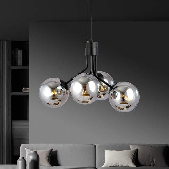 Sospensione Moderna 4 Luci Orione In Acciaio Nero E Sfere Vetro Fumè LA0112-EB-4-NR-GR