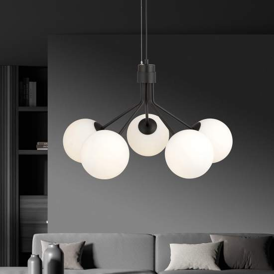 Sospensione Moderna 5 Luci Orione In Acciaio Nero E Sfere Vetro Opale LA0112-EB-5-NR