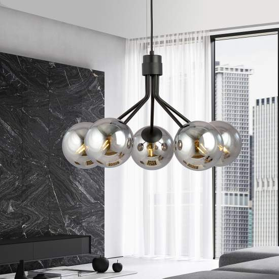 Sospensione Moderna 5 Luci Orione In Acciaio Nero E Sfere Vetro Fumè LA0112-EB-5-NR-GR