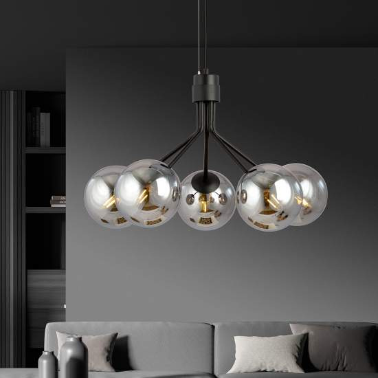 Sospensione Moderna 5 Luci Orione In Acciaio Nero E Sfere Vetro Fumè LA0112-EB-5-NR-GR