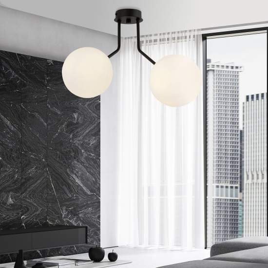 Plafoniera Moderna 2 Luci Orione In Acciaio Nero E Sfere Vetro Opale LA0112-EB-PL2-NR