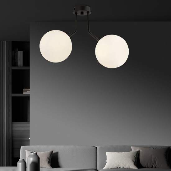 Plafoniera Moderna 2 Luci Orione In Acciaio Nero E Sfere Vetro Opale LA0112-EB-PL2-NR
