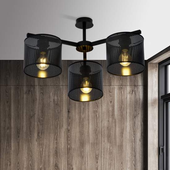 Plafoniera Industrial 3 Luci Cigno In Acciaio Nero E Paralumi A Cilindro LA0116-EB-PL3-NR