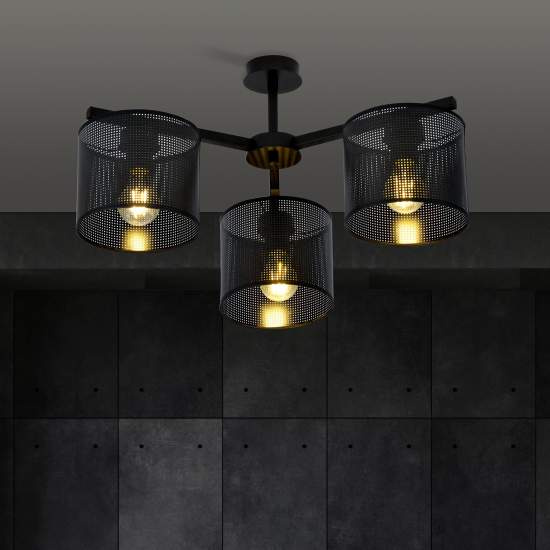 Plafoniera Industrial 3 Luci Cigno In Acciaio Nero E Paralumi A Cilindro LA0116-EB-PL3-NR