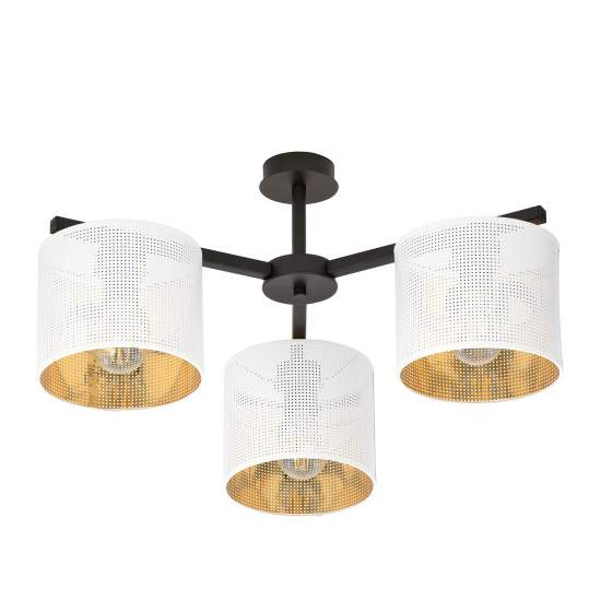 Plafoniera Industrial 3 Luci Cigno In Acciaio Bianco E Paralumi A Cilindro Oro LA0116-EB-PL3-NR-BI