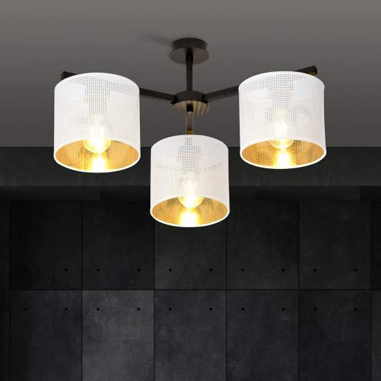 Plafoniera Industrial 3 Luci Cigno In Acciaio Bianco E Paralumi A Cilindro Oro LA0116-EB-PL3-NR-BI