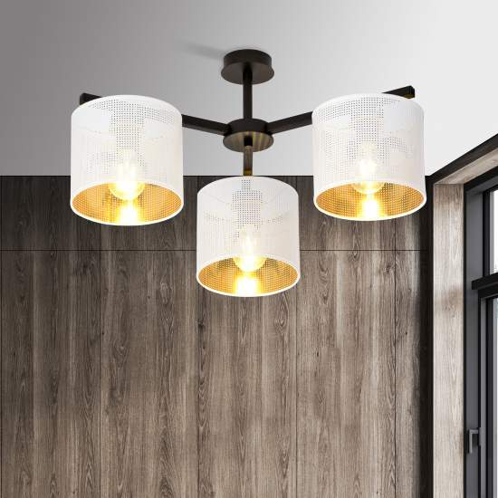 Plafoniera Industrial 3 Luci Cigno In Acciaio Bianco E Paralumi A Cilindro Oro LA0116-EB-PL3-NR-BI
