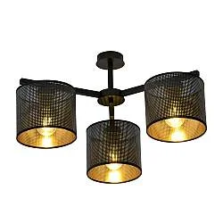 Plafoniera Industrial 3 Luci Cigno In Acciaio Nero E Paralumi A Cilindro Oro