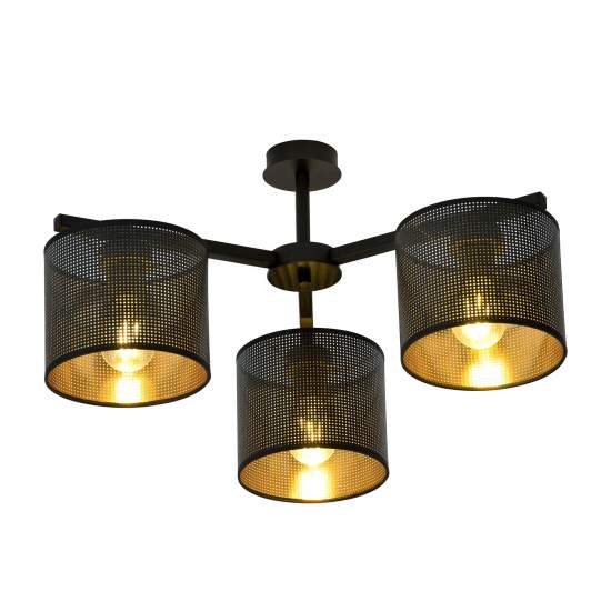 Plafoniera Industrial 3 Luci Cigno In Acciaio Nero E Paralumi A Cilindro Oro LA0116-EB-PL3-NR-OR