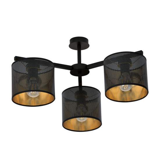 Plafoniera Industrial 3 Luci Cigno In Acciaio Nero E Paralumi A Cilindro Oro LA0116-EB-PL3-NR-OR