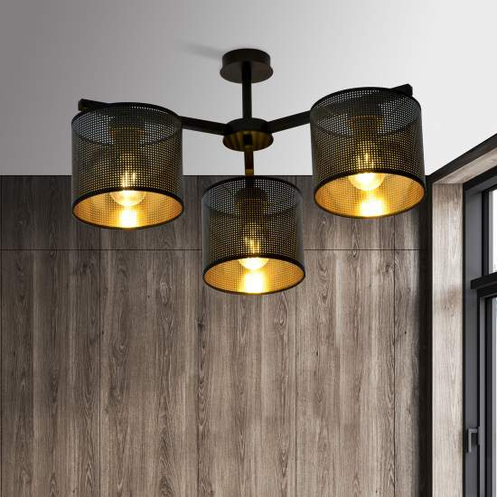 Plafoniera Industrial 3 Luci Cigno In Acciaio Nero E Paralumi A Cilindro Oro LA0116-EB-PL3-NR-OR