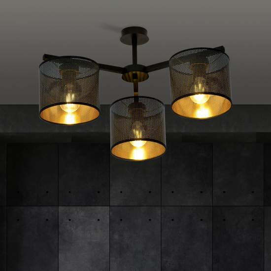 Plafoniera Industrial 3 Luci Cigno In Acciaio Nero E Paralumi A Cilindro Oro LA0116-EB-PL3-NR-OR