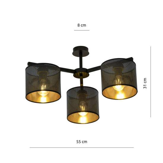 Plafoniera Industrial 3 Luci Cigno In Acciaio Nero E Paralumi A Cilindro Oro LA0116-EB-PL3-NR-OR