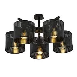 Plafoniera Industrial 5 Luci Cigno In Acciaio Nero E Paralumi A Cilindro