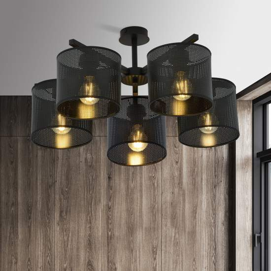 Plafoniera Industrial 5 Luci Cigno In Acciaio Nero E Paralumi A Cilindro LA0116-EB-PL5-NR