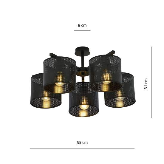 Plafoniera Industrial 5 Luci Cigno In Acciaio Nero E Paralumi A Cilindro LA0116-EB-PL5-NR