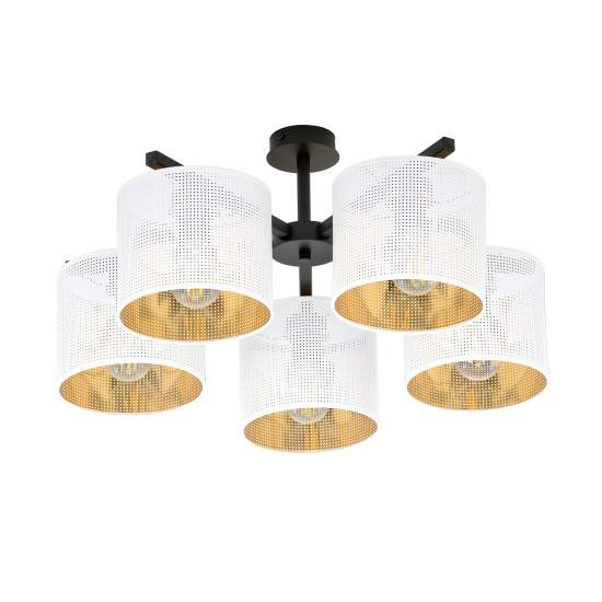 Plafoniera Industrial 5 Luci Cigno In Acciaio Bianco E Paralumi A Cilindro Oro LA0116-EB-PL5-NR-BI