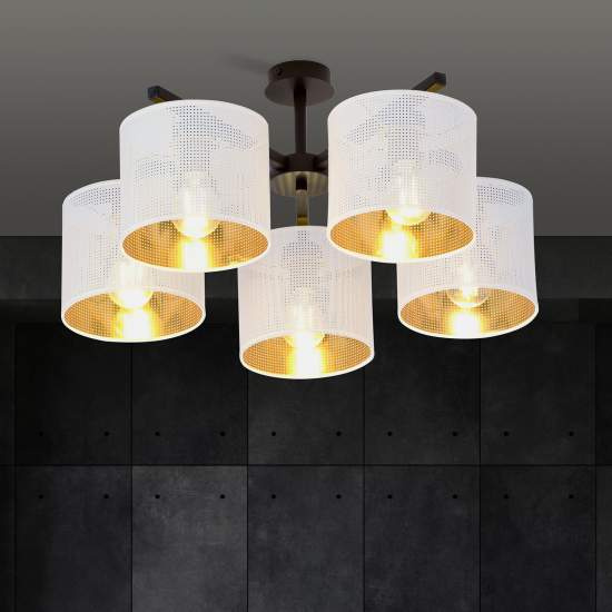 Plafoniera Industrial 5 Luci Cigno In Acciaio Bianco E Paralumi A Cilindro Oro LA0116-EB-PL5-NR-BI